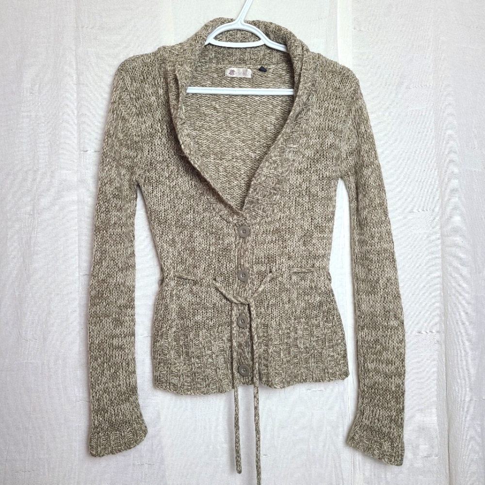 K. Woman Women's S Cardigan Sweater Brown Knit Casual Fall Drawcord-Waist